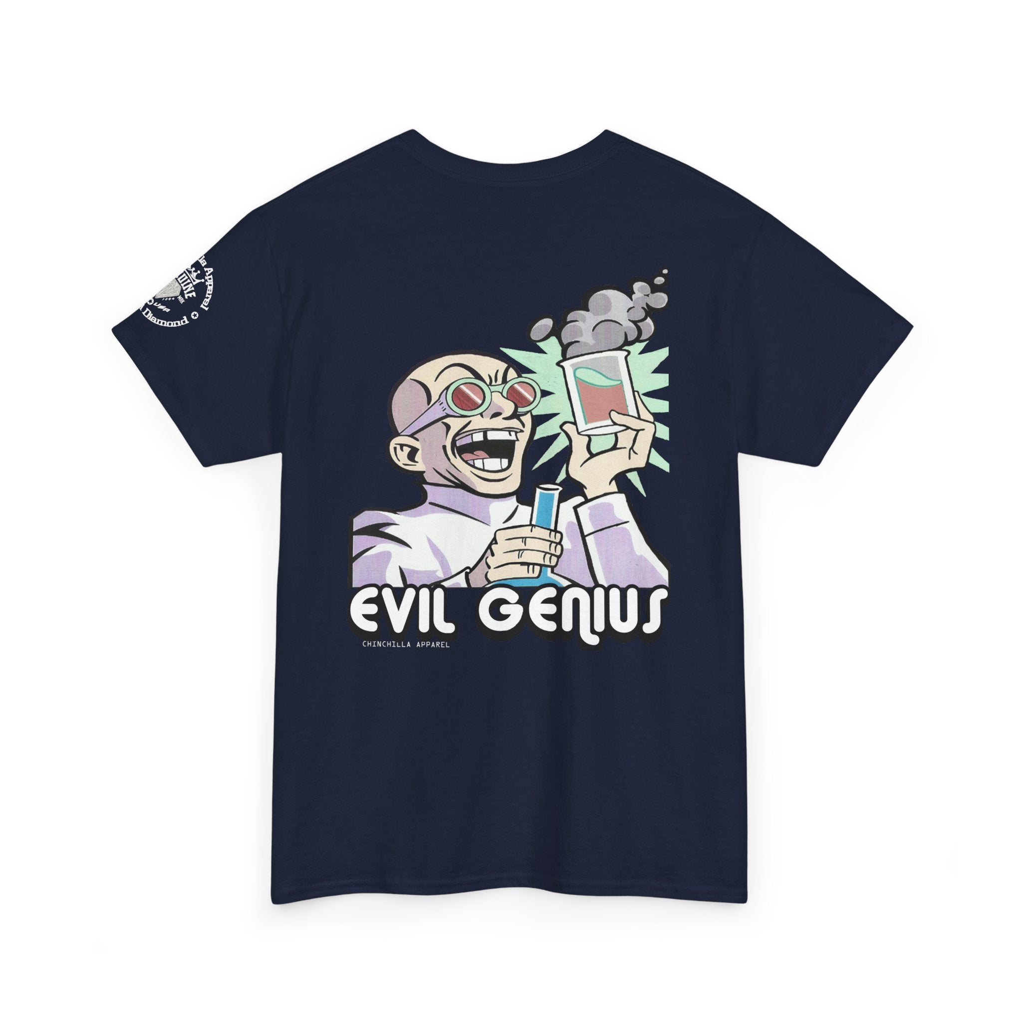 Navy blue t-shirt with 'Evil Genius' graphic design on a white background